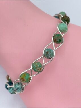 Silver Tone Green Hubei Turquoise Wire Wrap Bracelet Boho Artisan Style